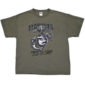 Vintage Marines T Shirt Y2K XL First to‎ Fight Last to Leave Olive Semper Fi